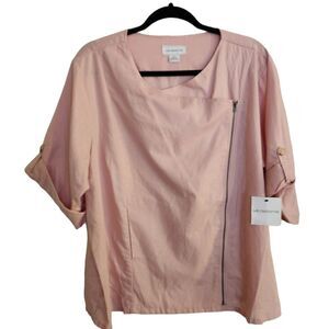 Liz Claiborne Linen Cotton Blend Roll Tab Sleeve Front Zip Top Size XL